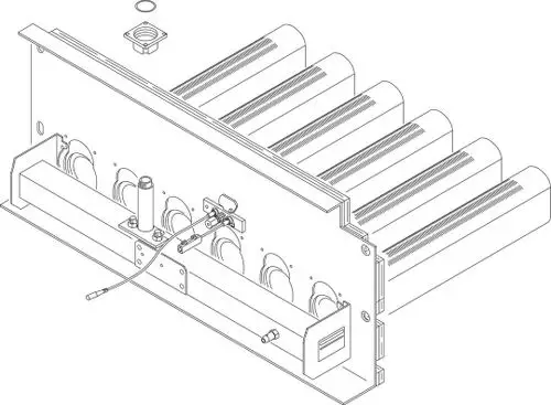 Bosch Umrüstset mit mehreren senkrechten Rohren, Montageschienen und Anschlusskomponenten. Detailansicht auf der Rückseite mit Anschlüssen und Befestigungselementen.